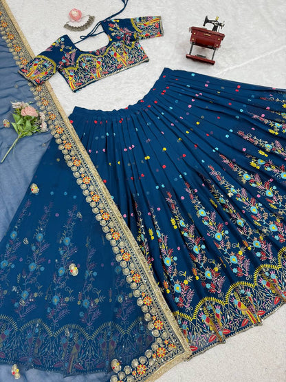 Wedding Wear Navy Blue Color Faux Georgette Thread And Sequin Embroidery Work Beautiful Lehenga Choli