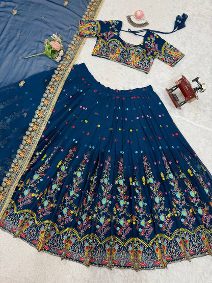 Wedding Wear Navy Blue Color Faux Georgette Thread And Sequin Embroidery Work Beautiful Lehenga Choli