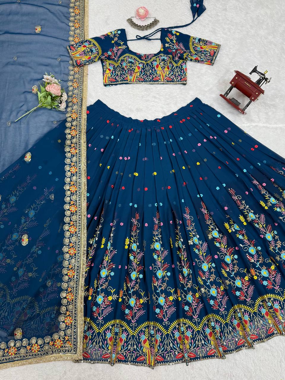 Wedding Wear Navy Blue Color Faux Georgette Thread And Sequin Embroidery Work Beautiful Lehenga Choli