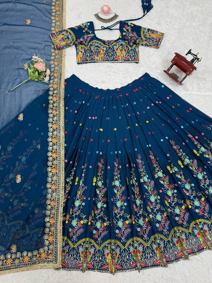 Wedding Wear Navy Blue Color Faux Georgette Thread And Sequin Embroidery Work Beautiful Lehenga Choli
