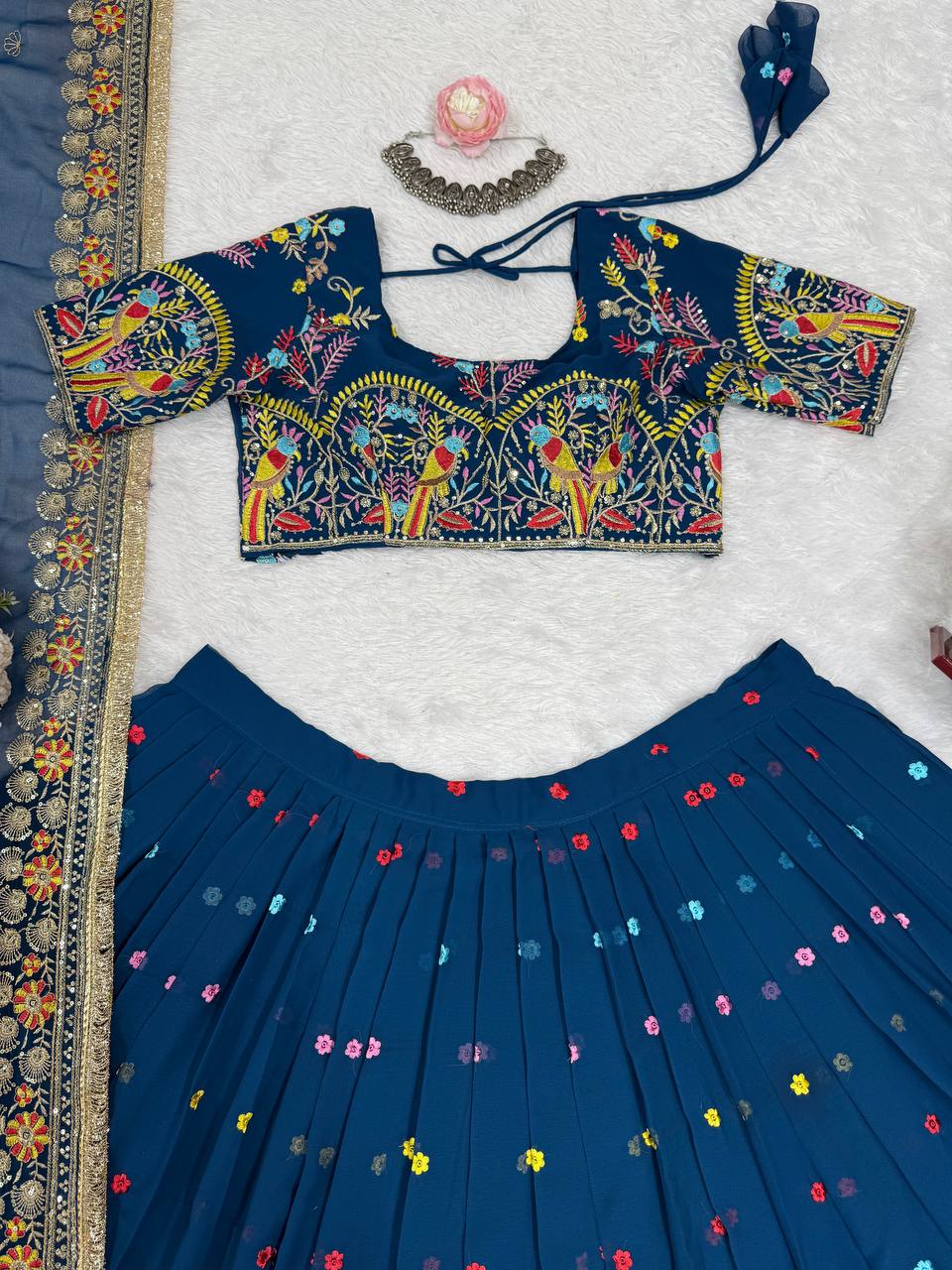 Wedding Wear Navy Blue Color Faux Georgette Thread And Sequin Embroidery Work Beautiful Lehenga Choli
