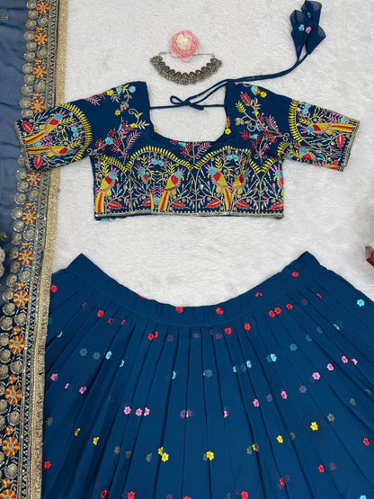 Wedding Wear Navy Blue Color Faux Georgette Thread And Sequin Embroidery Work Beautiful Lehenga Choli