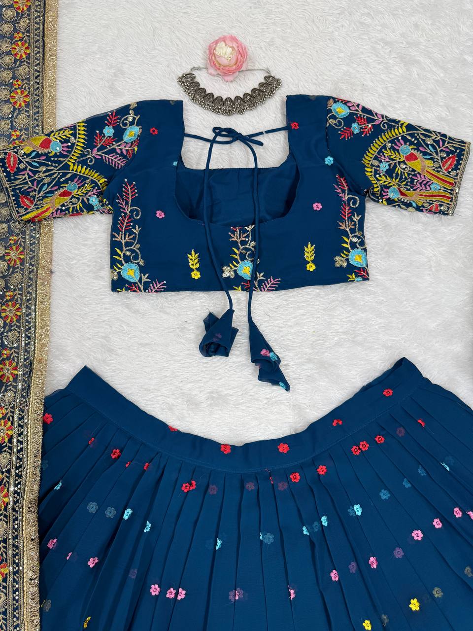 Wedding Wear Navy Blue Color Faux Georgette Thread And Sequin Embroidery Work Beautiful Lehenga Choli