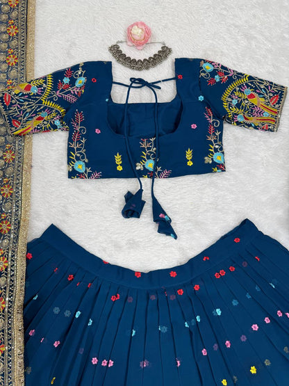 Wedding Wear Navy Blue Color Faux Georgette Thread And Sequin Embroidery Work Beautiful Lehenga Choli