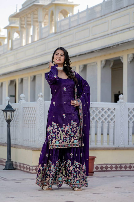 Festival Wear Purple Color Gold Crush With  Sequins Heavy Embroidery Work Beautiful Kurti Plazzo Dupatta Set