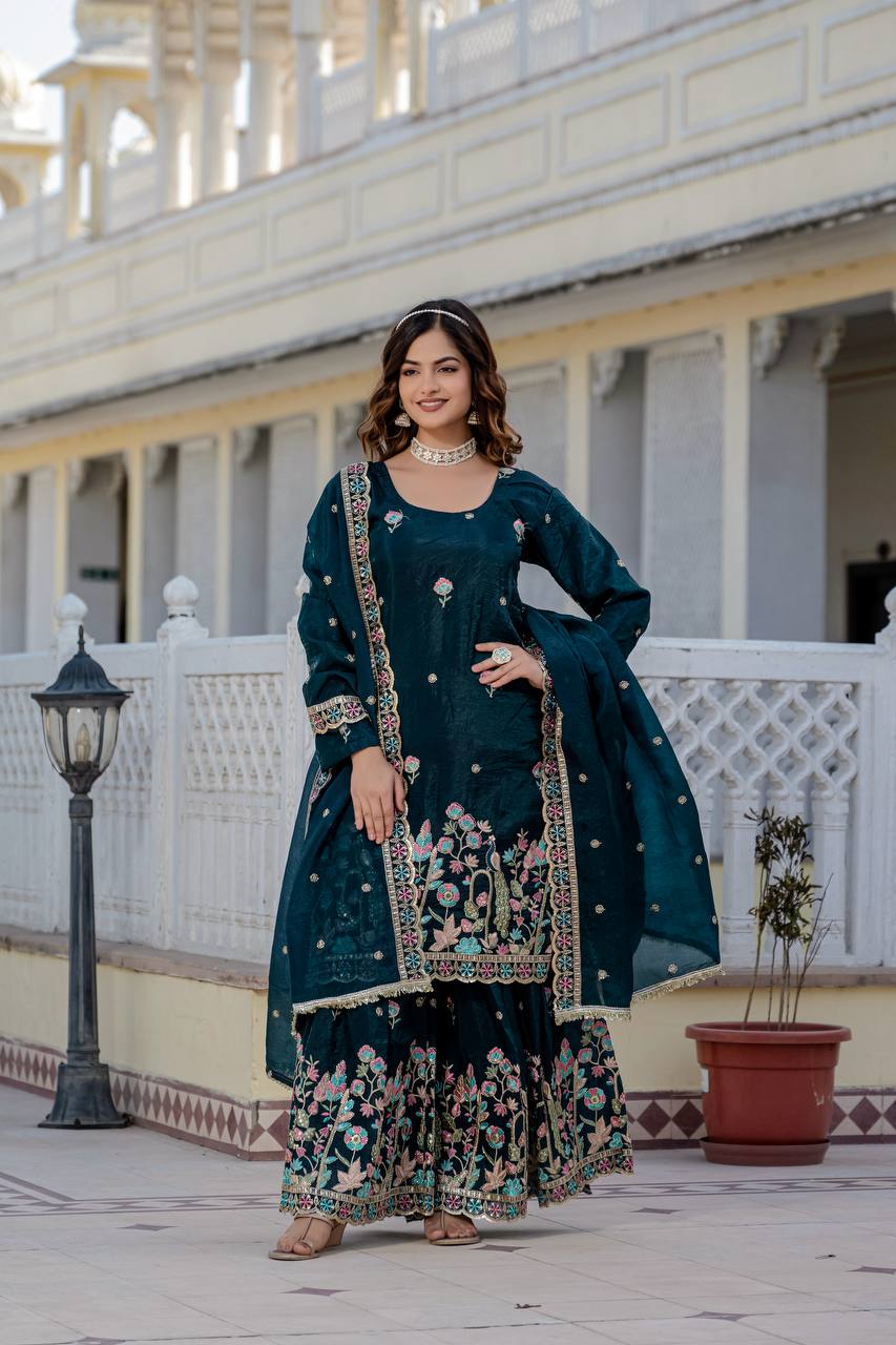 Function Wear Teal Color Gold Crush With Sequins Heavy Embroidery Work Beautiful Kurti Plazzo Dupatta Set