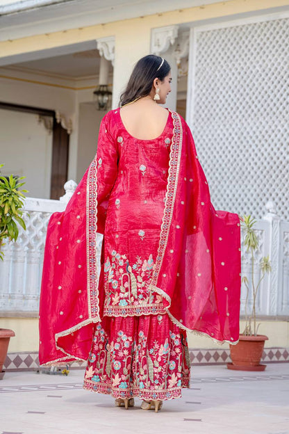 Function Wear Pink Color Gold Crush With Sequins Heavy Embroidery Work Beautiful Kurti Plazzo Dupatta Set