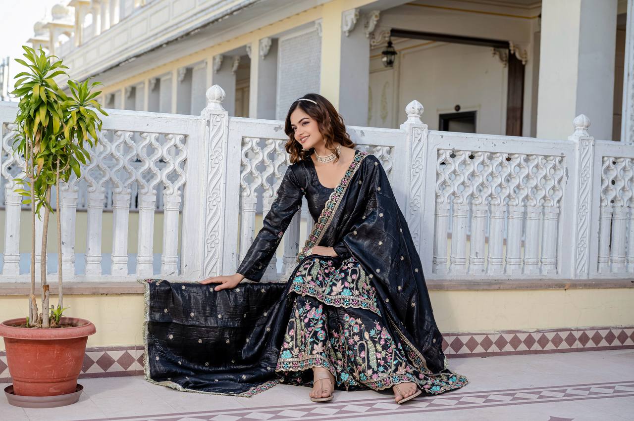 Party Wear Black Color Gold Crush With Sequins Heavy Embroidery Work Beautiful Kurti Plazzo Dupatta Set