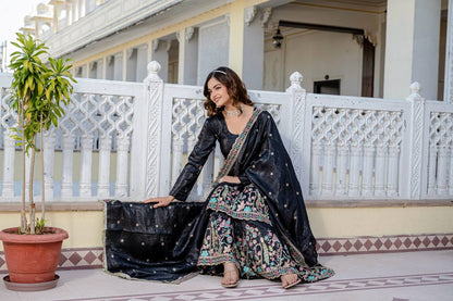 Party Wear Black Color Gold Crush With Sequins Heavy Embroidery Work Beautiful Kurti Plazzo Dupatta Set