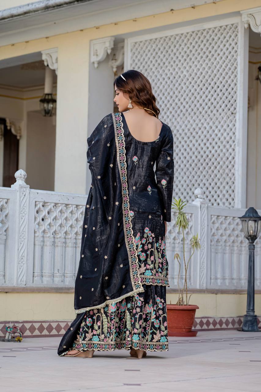 Party Wear Black Color Gold Crush With Sequins Heavy Embroidery Work Beautiful Kurti Plazzo Dupatta Set