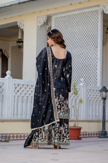 Party Wear Black Color Gold Crush With Sequins Heavy Embroidery Work Beautiful Kurti Plazzo Dupatta Set