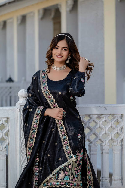 Party Wear Black Color Gold Crush With Sequins Heavy Embroidery Work Beautiful Kurti Plazzo Dupatta Set