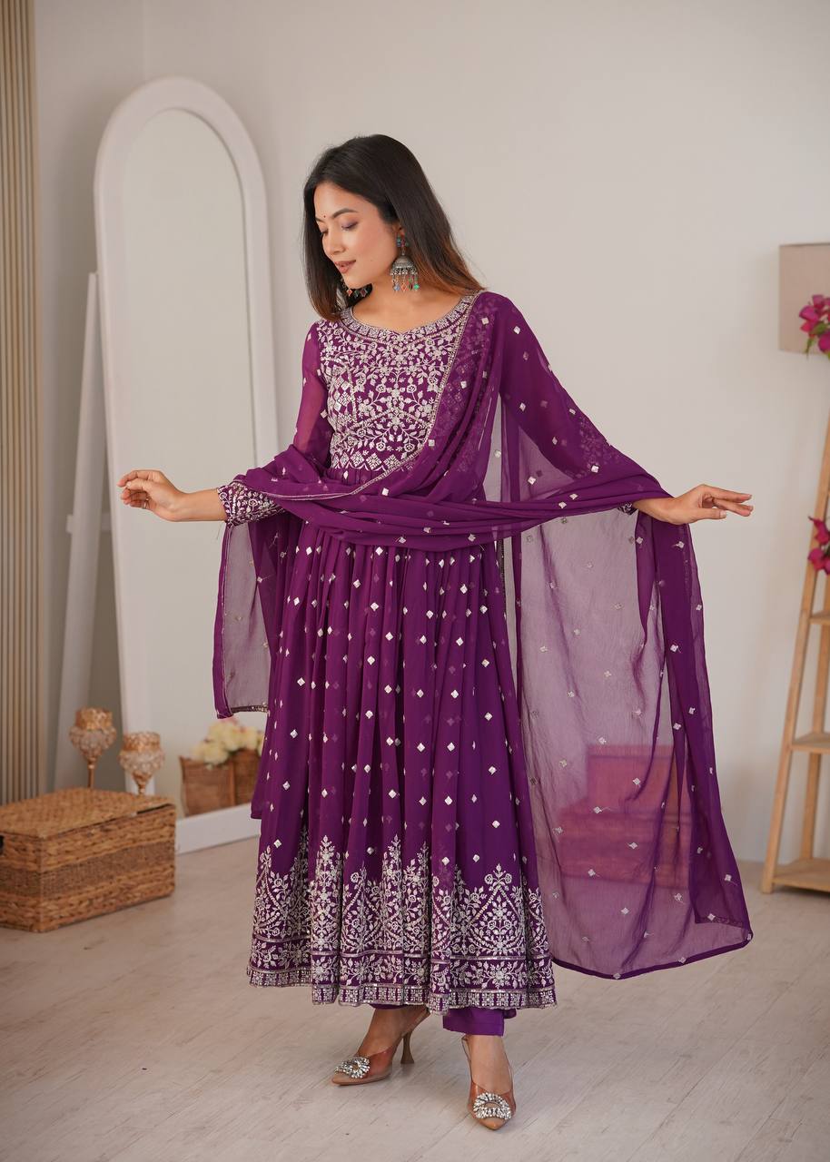 Arti Chauhan Wear Purple Color Designer Embroidered Work Anarkali Gown
