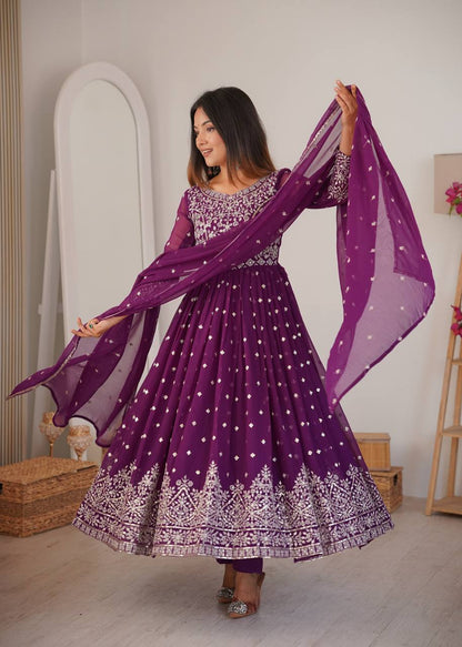 Arti Chauhan Wear Purple Color Designer Embroidered Work Anarkali Gown