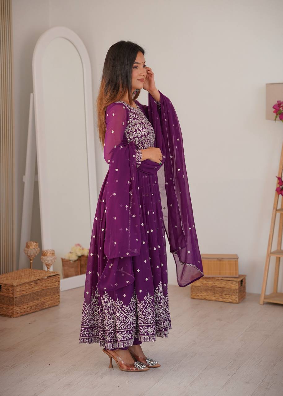 Arti Chauhan Wear Purple Color Designer Embroidered Work Anarkali Gown
