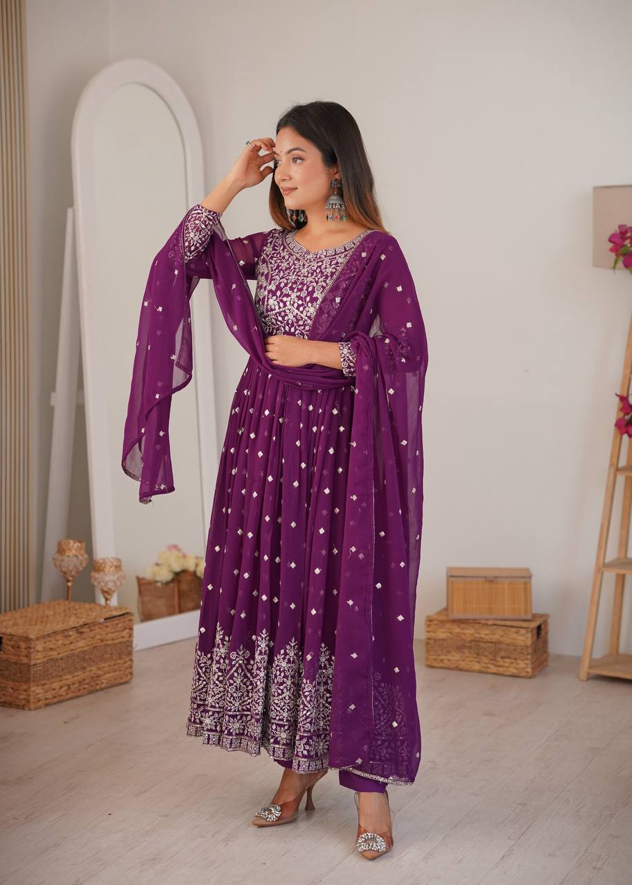 Arti Chauhan Wear Purple Color Designer Embroidered Work Anarkali Gown
