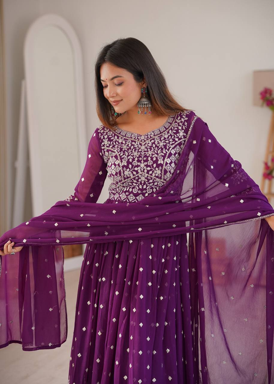 Arti Chauhan Wear Purple Color Designer Embroidered Work Anarkali Gown