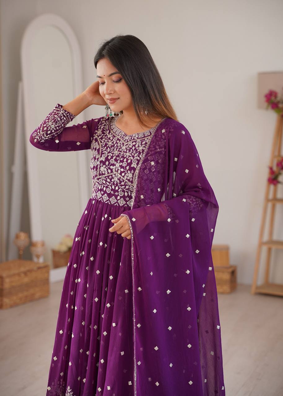 Arti Chauhan Wear Purple Color Designer Embroidered Work Anarkali Gown