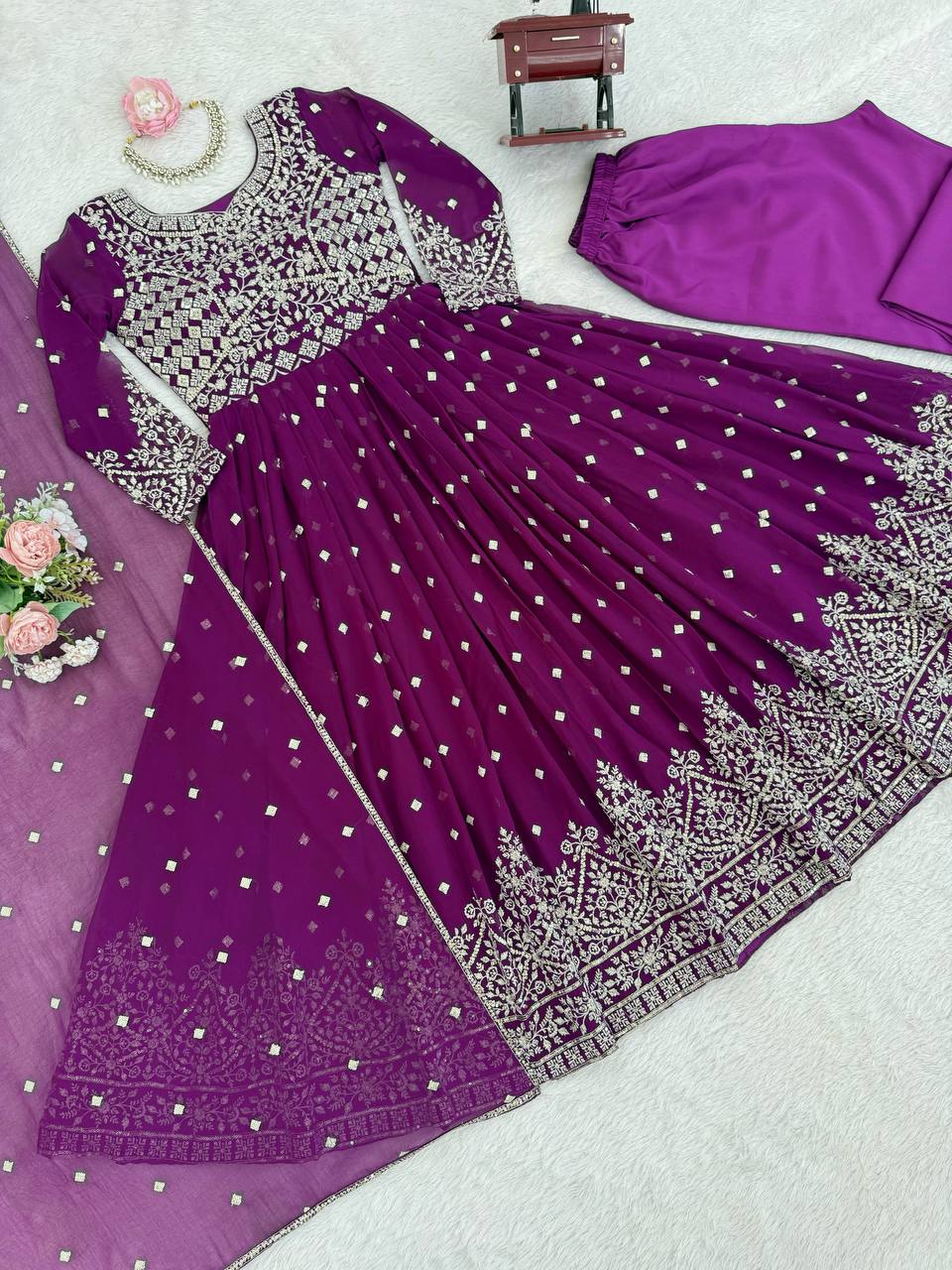 Arti Chauhan Wear Purple Color Designer Embroidered Work Anarkali Gown