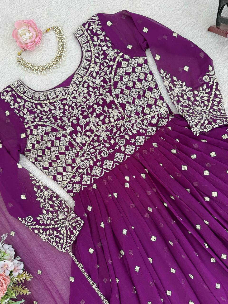 Arti Chauhan Wear Purple Color Designer Embroidered Work Anarkali Gown