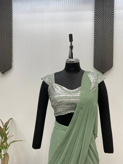 Festive Wear Green Color Georgette With Sequence Embroidery Work Beautiful Ready To Wear Saree