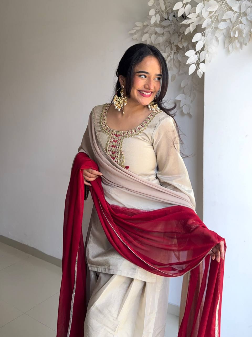 Superhit Beige Color Organza Thread Work Salwar Suit