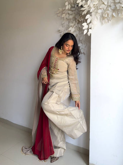 Superhit Beige Color Organza Thread Work Salwar Suit