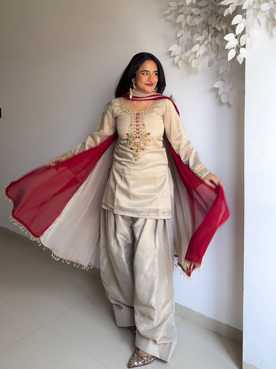Superhit Beige Color Organza Thread Work Salwar Suit