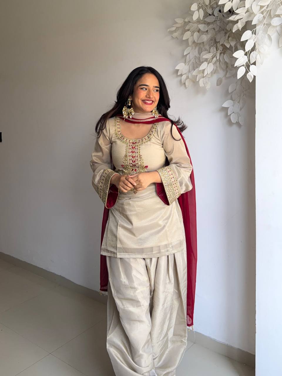 Superhit Beige Color Organza Thread Work Salwar Suit