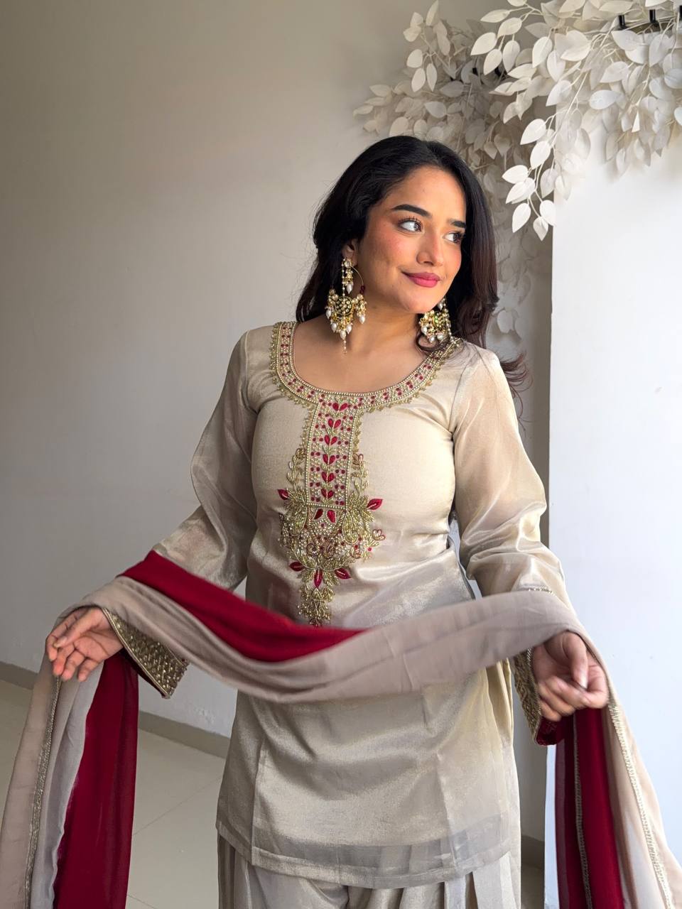 Superhit Beige Color Organza Thread Work Salwar Suit