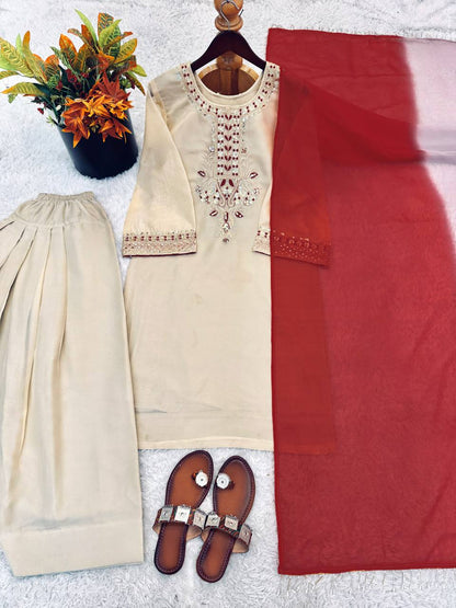 Superhit Beige Color Organza Thread Work Salwar Suit