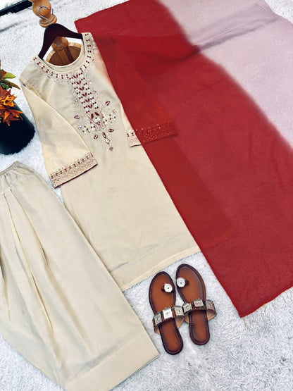 Superhit Beige Color Organza Thread Work Salwar Suit