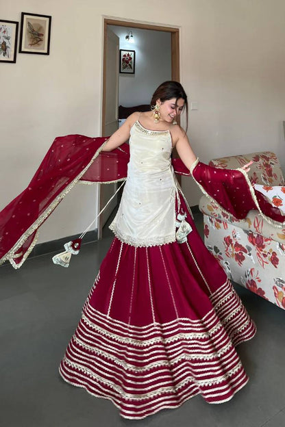 Wedding Wear Maroon Color Real Mirror Work Top With Lehenga