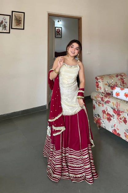 Wedding Wear Maroon Color Real Mirror Work Top With Lehenga