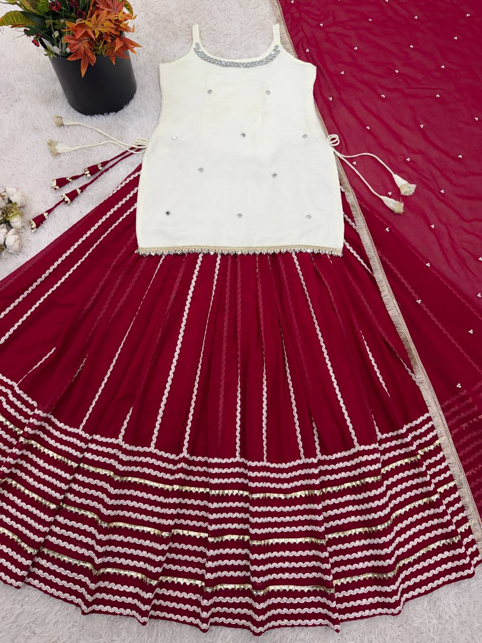 Wedding Wear Maroon Color Real Mirror Work Top With Lehenga