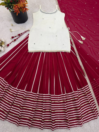 Wedding Wear Maroon Color Real Mirror Work Top With Lehenga