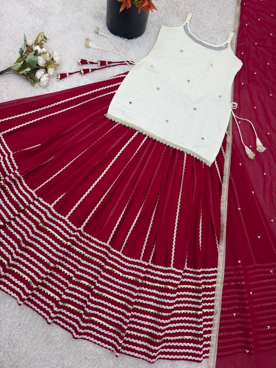 Wedding Wear Maroon Color Real Mirror Work Top With Lehenga