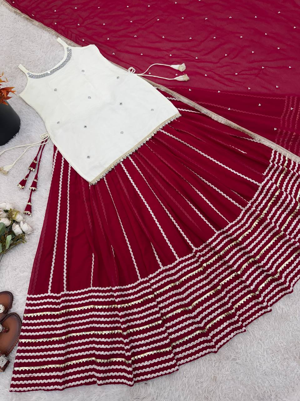 Wedding Wear Maroon Color Real Mirror Work Top With Lehenga