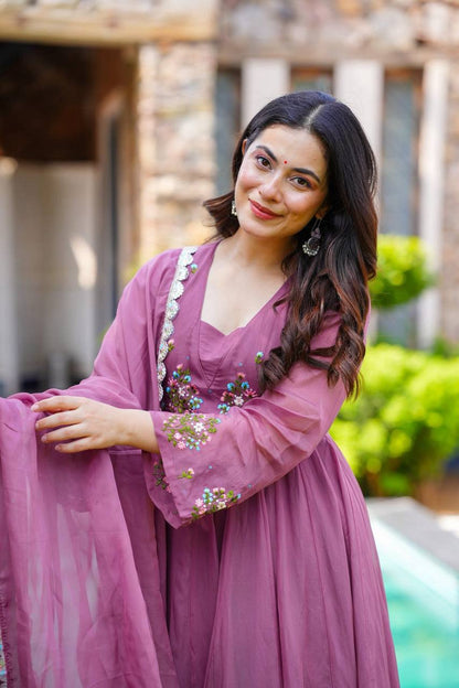 Party Wear Lavender Color Heavy Faux Georgette With Embroidery Work Beautiful Anarkali Suit
