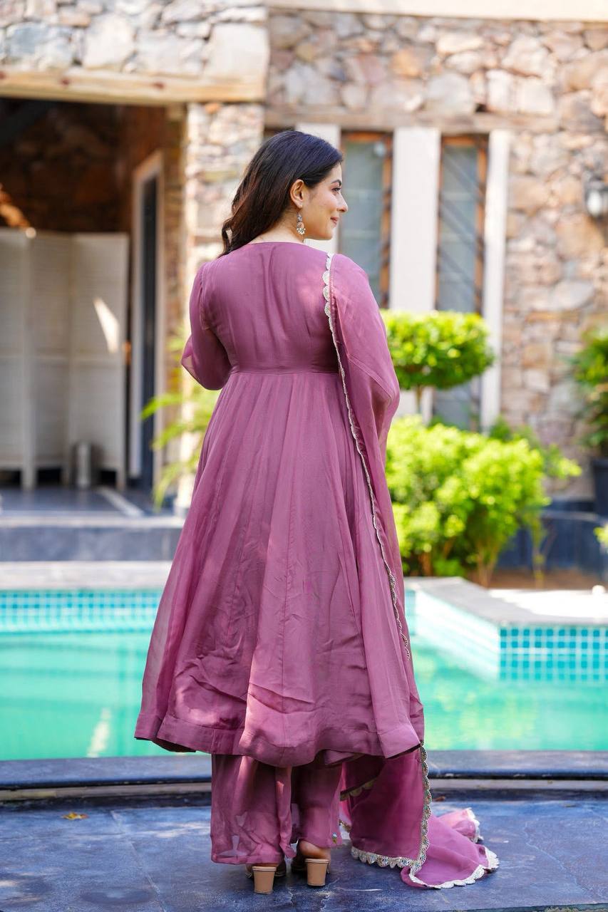 Party Wear Lavender Color Heavy Faux Georgette With Embroidery Work Beautiful Anarkali Suit