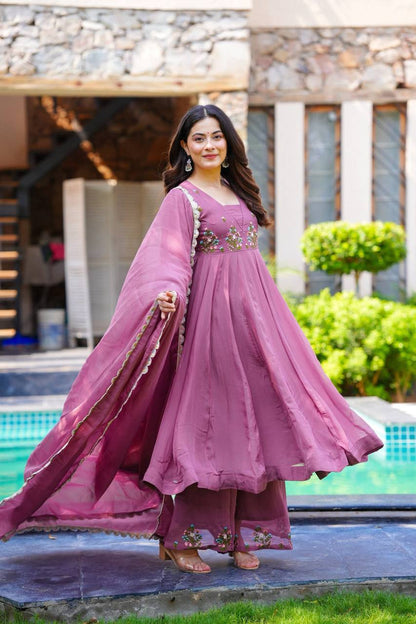 Party Wear Lavender Color Heavy Faux Georgette With Embroidery Work Beautiful Anarkali Suit