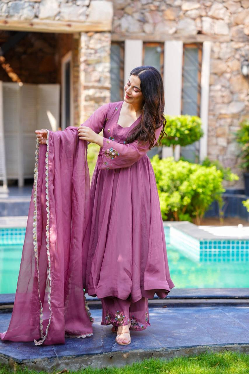 Party Wear Lavender Color Heavy Faux Georgette With Embroidery Work Beautiful Anarkali Suit