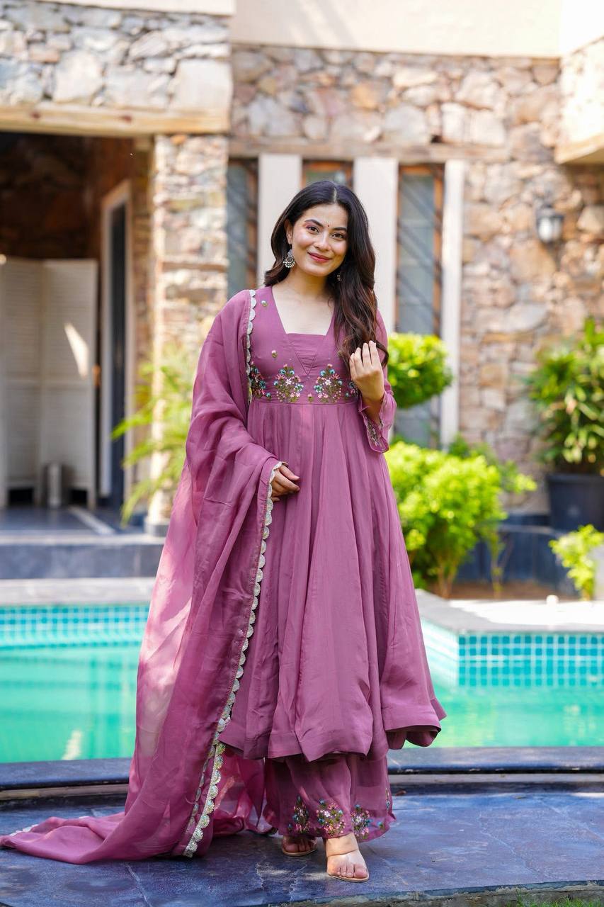 Party Wear Lavender Color Heavy Faux Georgette With Embroidery Work Beautiful Anarkali Suit