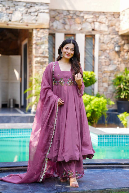 Party Wear Lavender Color Heavy Faux Georgette With Embroidery Work Beautiful Anarkali Suit