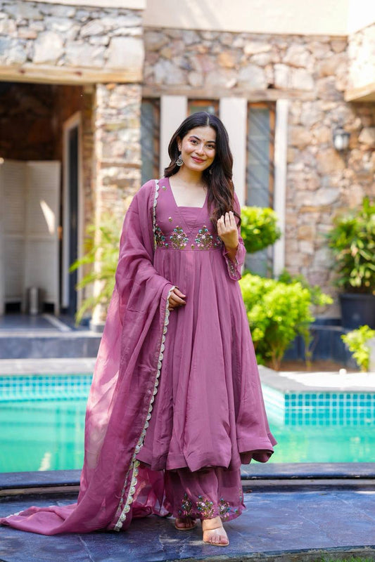 Party Wear Lavender Color Heavy Faux Georgette With Embroidery Work Beautiful Anarkali Suit