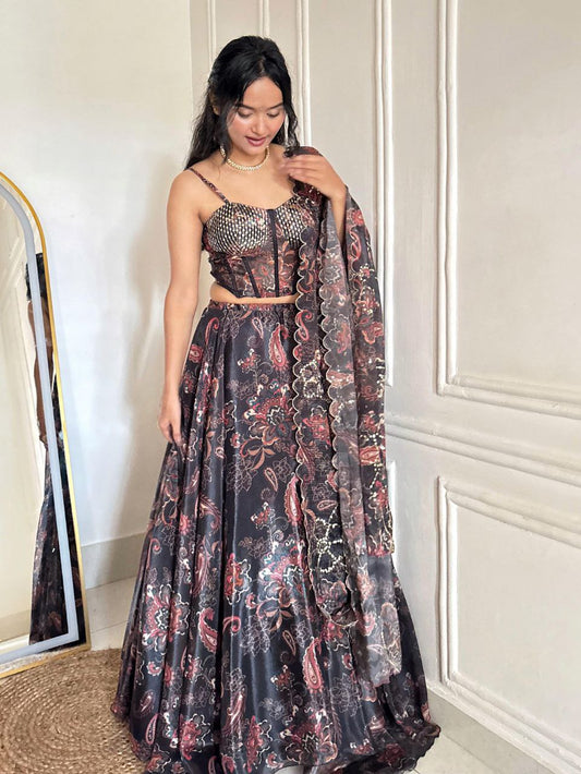 Black Color Organza Fully Stitched Lehenga Set With Corset Blouse