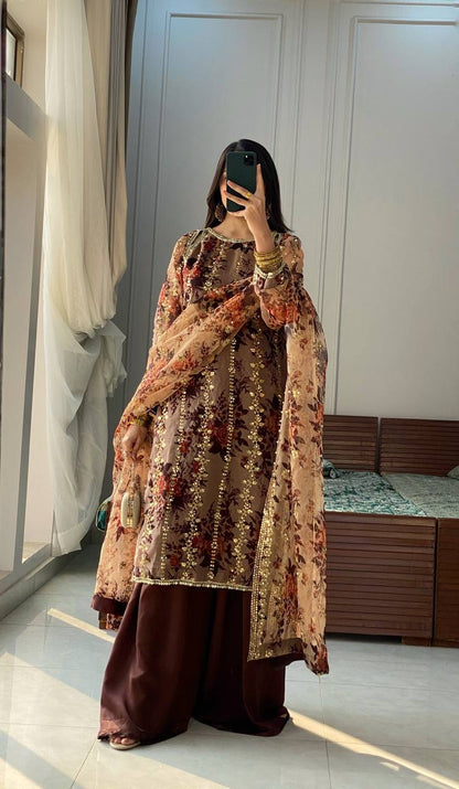 Party Wear Brown Color Faux Georgette Embroidery With Sequence Work Rivet Moti With Digital Print Work Palazzo Suit