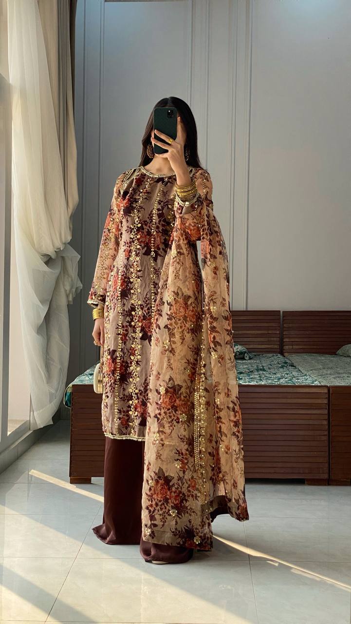 Party Wear Brown Color Faux Georgette Embroidery With Sequence Work Rivet Moti With Digital Print Work Palazzo Suit