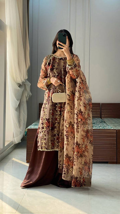 Party Wear Brown Color Faux Georgette Embroidery With Sequence Work Rivet Moti With Digital Print Work Palazzo Suit