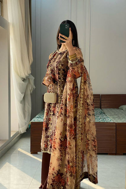 Party Wear Brown Color Faux Georgette Embroidery With Sequence Work Rivet Moti With Digital Print Work Palazzo Suit